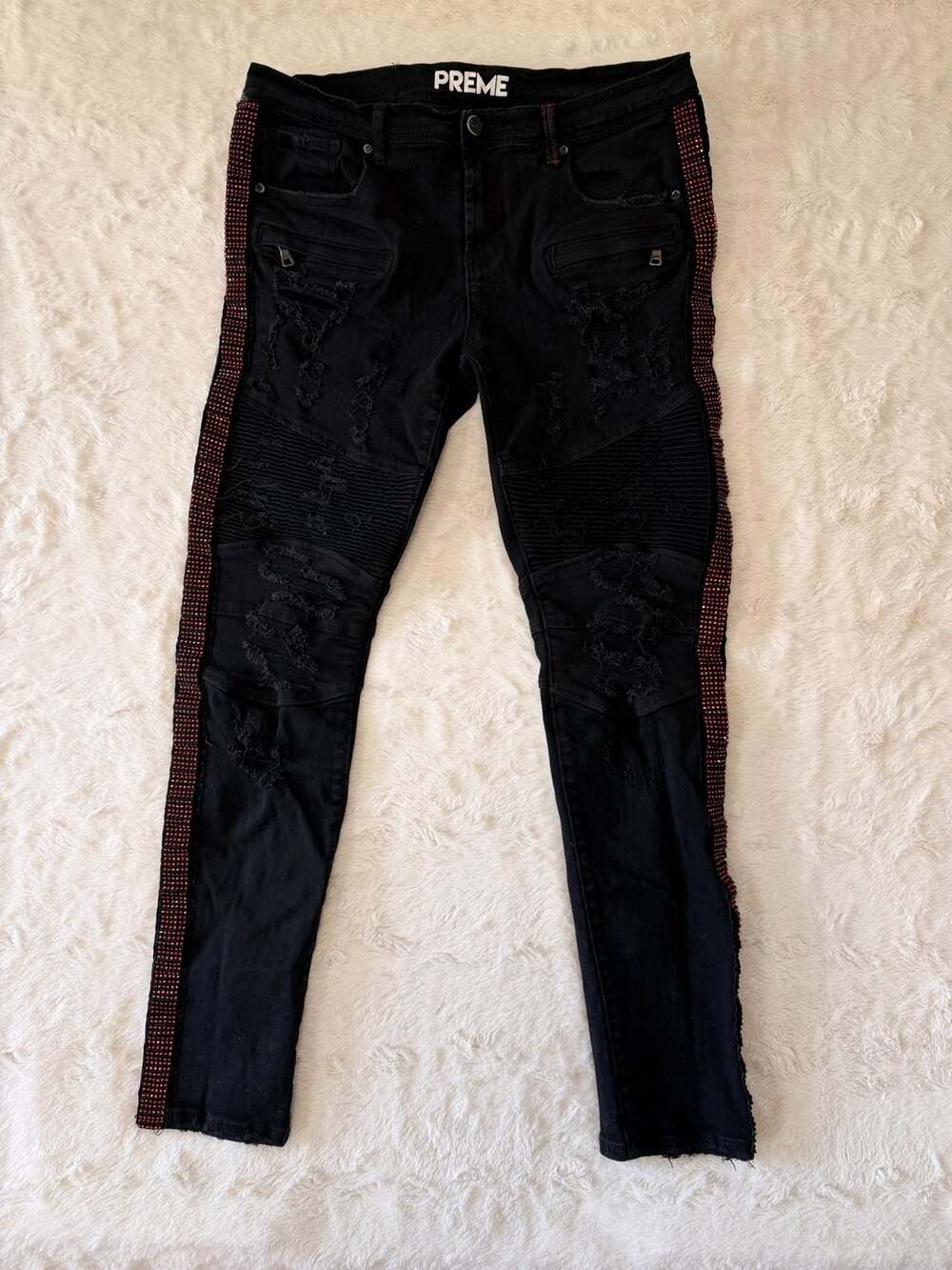 Preme Black Distressed Moto Biker Jeans Red Rhinestone Stripe 36x31